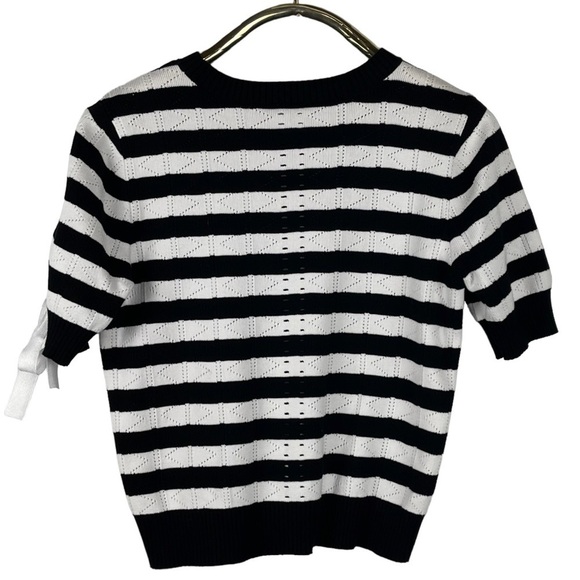 CABI 5832 RUNWAY PULLOVER STRIPED KNIT SHORT SLEEVE LACE UP BOW SWEATER - Picture 3 of 12